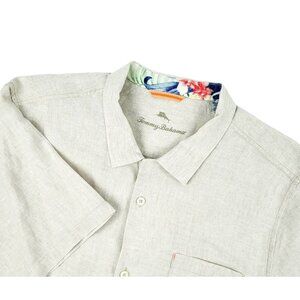 Tommy Bahama Linen Shirt Men's XL Beige Button Up Short Sleeve Loop Collar EUC